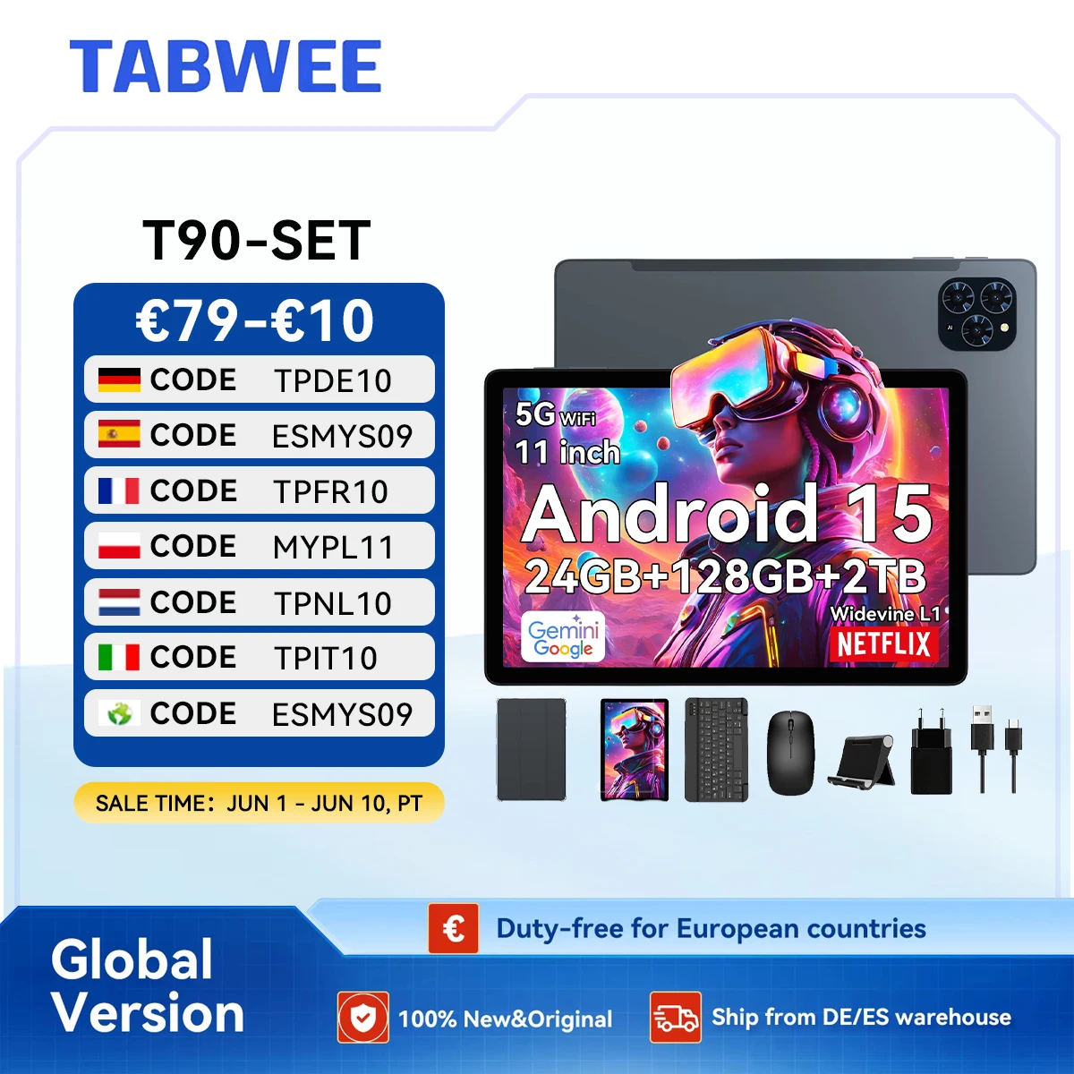 TABWEE T90 Tablet z Androidem 15 z klawiaturą BT i myszką