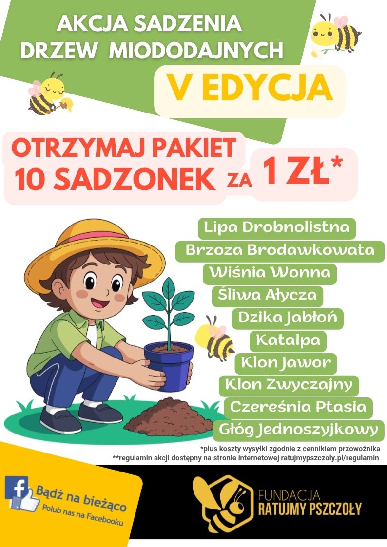 10 sadzonek drzew miododajnych za 1 zł Fundacja Ratujmy Pszczoły