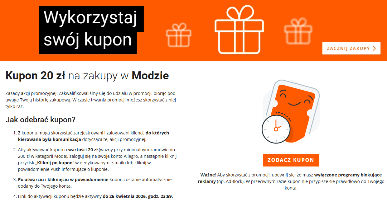 [Allegro] Kupon 20 zł na zakupy w kategorii "Moda"