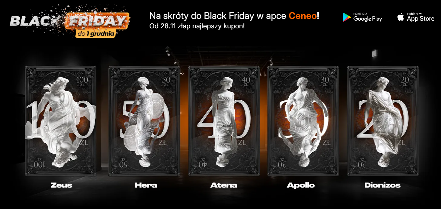 Kupony rabatowe w aplikacji Ceneo na Black Friday - 20/100, 30/200, 40/300, 50/450, 100/900