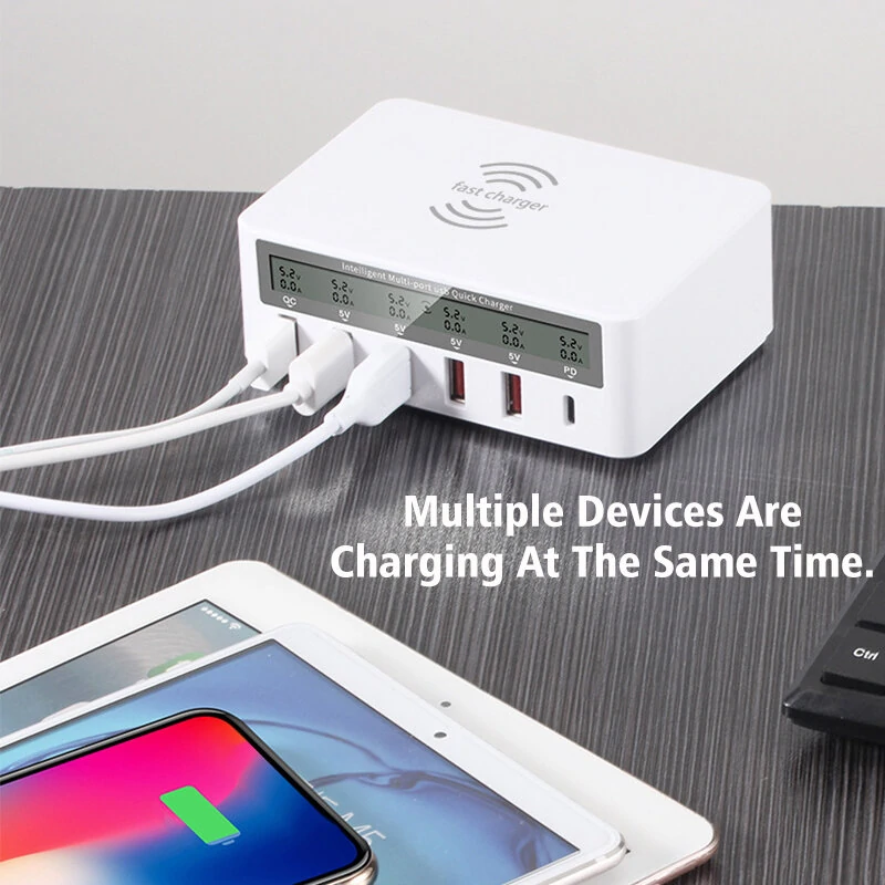 Ładowarka sieciowa z ładowaniem bezprzewodowym 5 portami USB QC3.0 i 1 portem USB-C