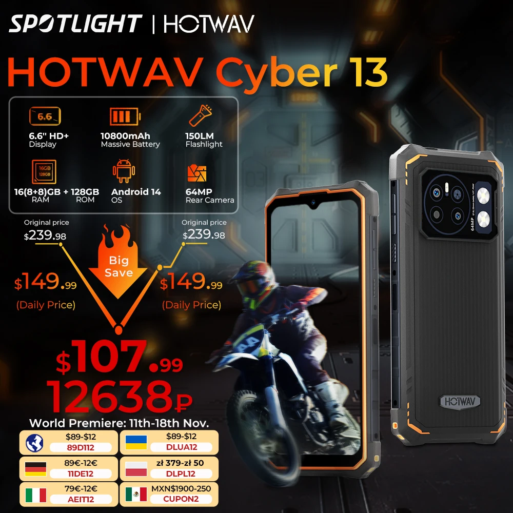 HOTWAV Cyber 13  8 GB 128 GB Smartfon 6,6 ''HD + 10800 mAh 64 MP Android 14