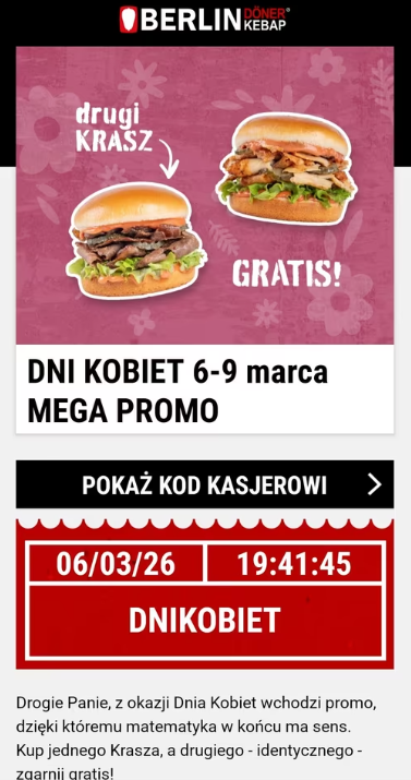Krasz Burger 1+1 – Dzień Kobiet w Berlin Doner Kebap (z aplikacją)