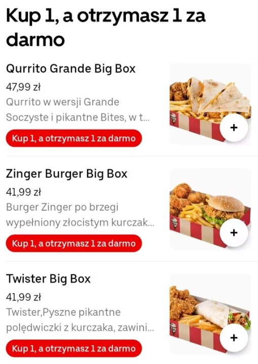 Zestawy 1+1 KFC - Zamówienie przez aplikację Uber Eats