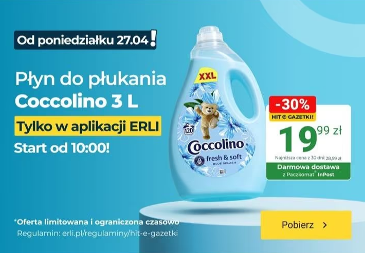 [Erli] Coccolino Fresh & Soft Blue Splash 3L – Darmowa dostawa w aplikacji ERLI