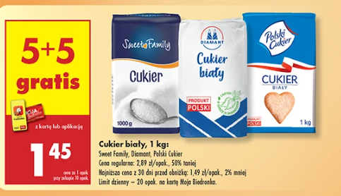 Promocja 5+5 gratis na cukier w Biedronce piątek/sobota