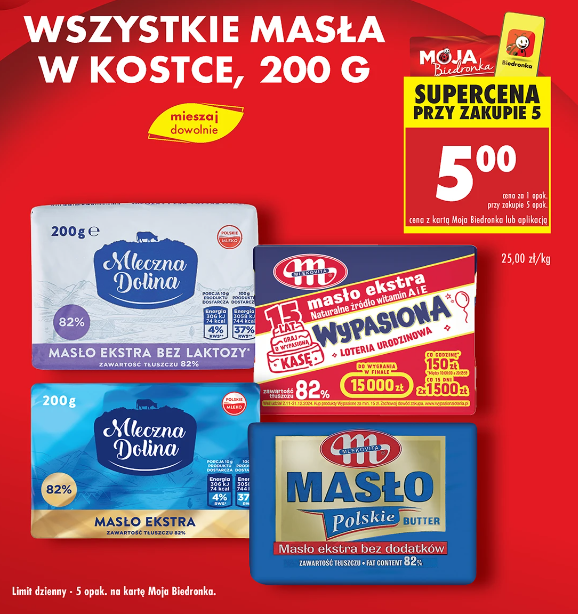 Wszystkie masła w kostce w promocji w Biedronce 5 po 5 zł
