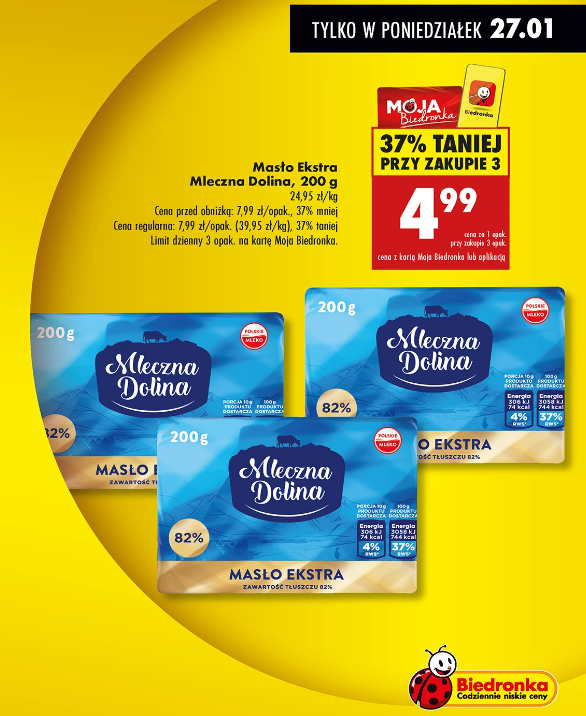 Promocja na Masło Ekstra Mleczna Dolina w Biedronce tylko dziś przy zakupie 3 szt.