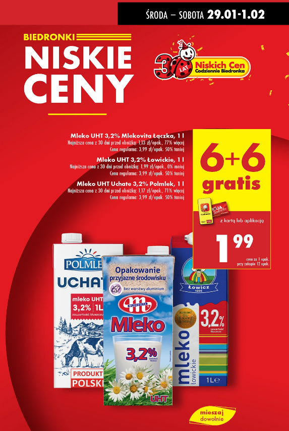 Mleko 3,2% Mlekovita Łączka 1 L w promocji 6+6 gratis