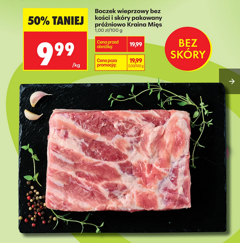 Boczek wieprzowy B/K i skóry pakowany próżniowo Kraina Mięs, 1 KG