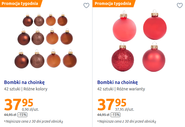 Promocja na bombki na choinkę w Action 42 sztuki - różne kolory