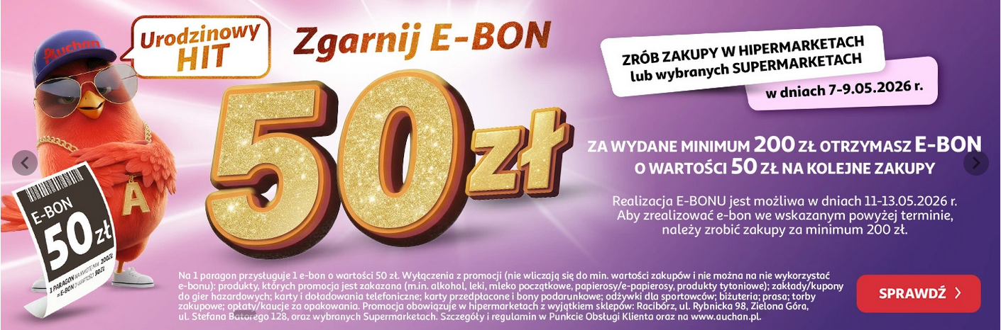 Bon 50 PLN na kolejne zakupy w sklepach AUCHAN (MWZ 200 PLN)