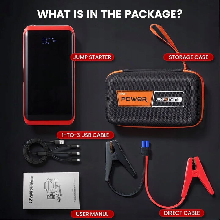 Car Jump Starter 2000A Awaryjny PowerBank Przenośna ładowarka do akumulatorów LED USB