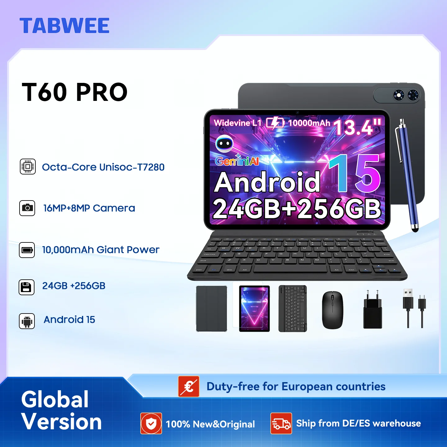 TABWEE T60 Pro Tablet 13,4 cala, Android 15, wyświetlacz 120 Hz, 24 GB RAM + 256 GB ROM, bateria 10000 mAh Aliexpress