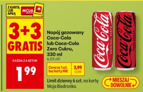Napój gazowany w puszcze Coca-Cola i Coca-Cola Zero Cukru, 330 ML (3+3 GRATiS)