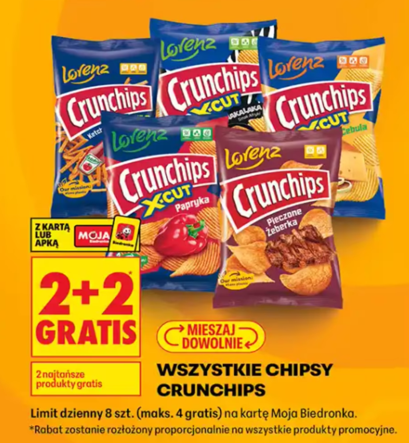 [Biedronka] Czipsy Crunchips Lorenz 2+2 gratis
