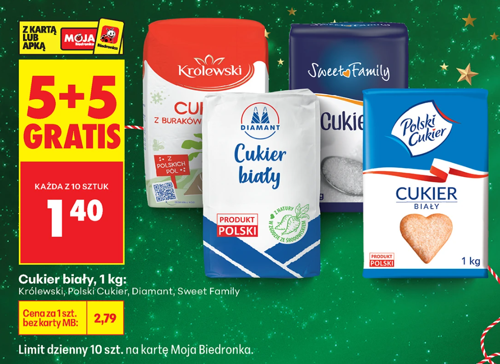 Cukier 5+5 gratis w Biedronce za 1,40 zł za kg