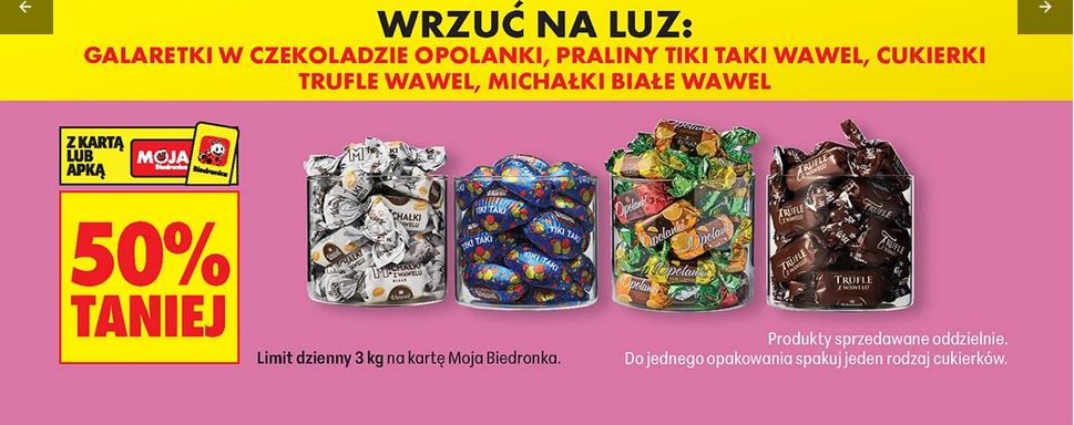 Galaretki Opolanki, praliny Tiki Taki, cukierki trufle, Michałki białe Wawel