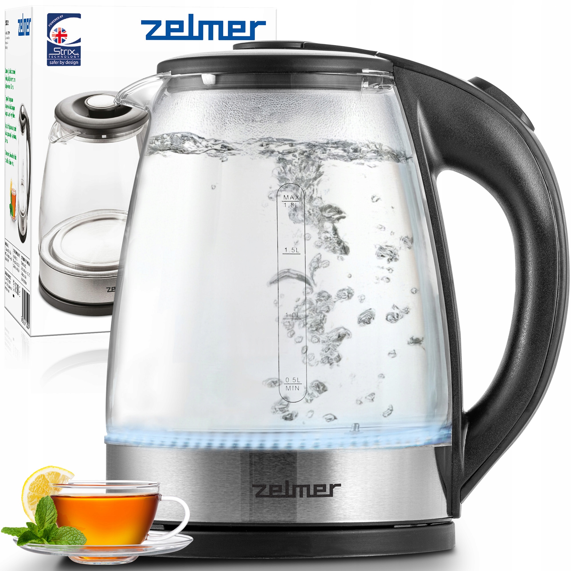 CZAJNIK ELEKTRYCZNY ZELMER SZKLANY STAL NIERDZEWNA PODŚWIETLENIE LED 1,8L