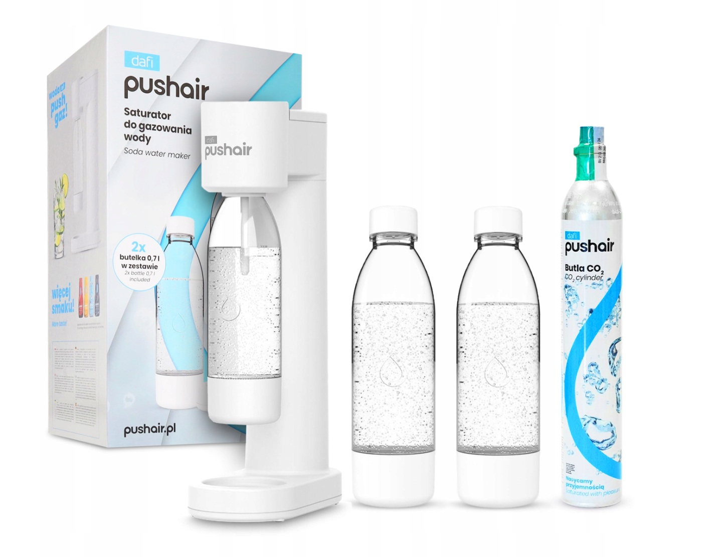 Saturator do wody Dafi PushAir + 2 x butelka 0,7 L + nabój CO2 zestaw biały