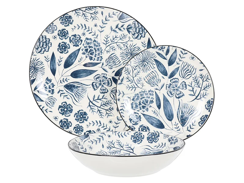 Komplet obiadowy 18 el. porcelanowy Herbal biało-niebieski
