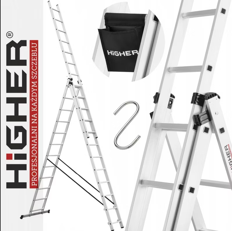 Drabina aluminiowa wielofunkcyjna z opcją ustawienia na schodach 3x12 HIGHER ML-612 + torba i hak 1szt.