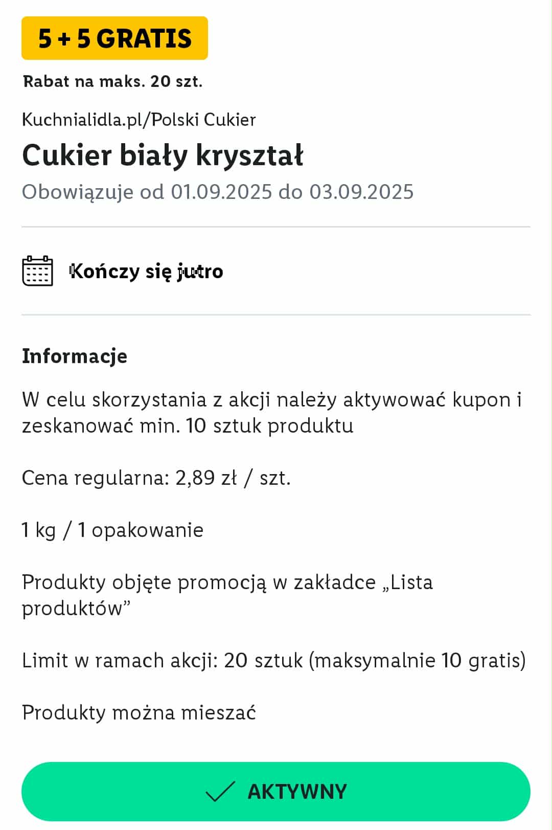 Cukier biały kryształ Kuchnia Lidla/Polski cukier w Lidlu 10 kg (5+5 gratis - 10 sztuk)