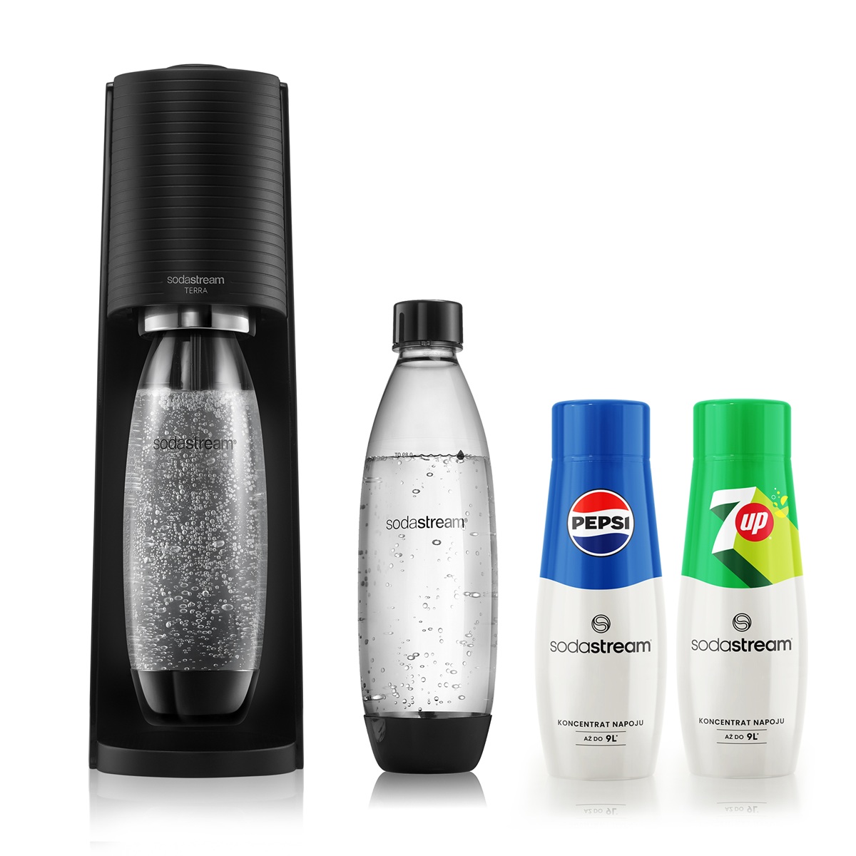 Saturator SodaStream Terra czarny + 2 butelki + Pepsi + 7UP