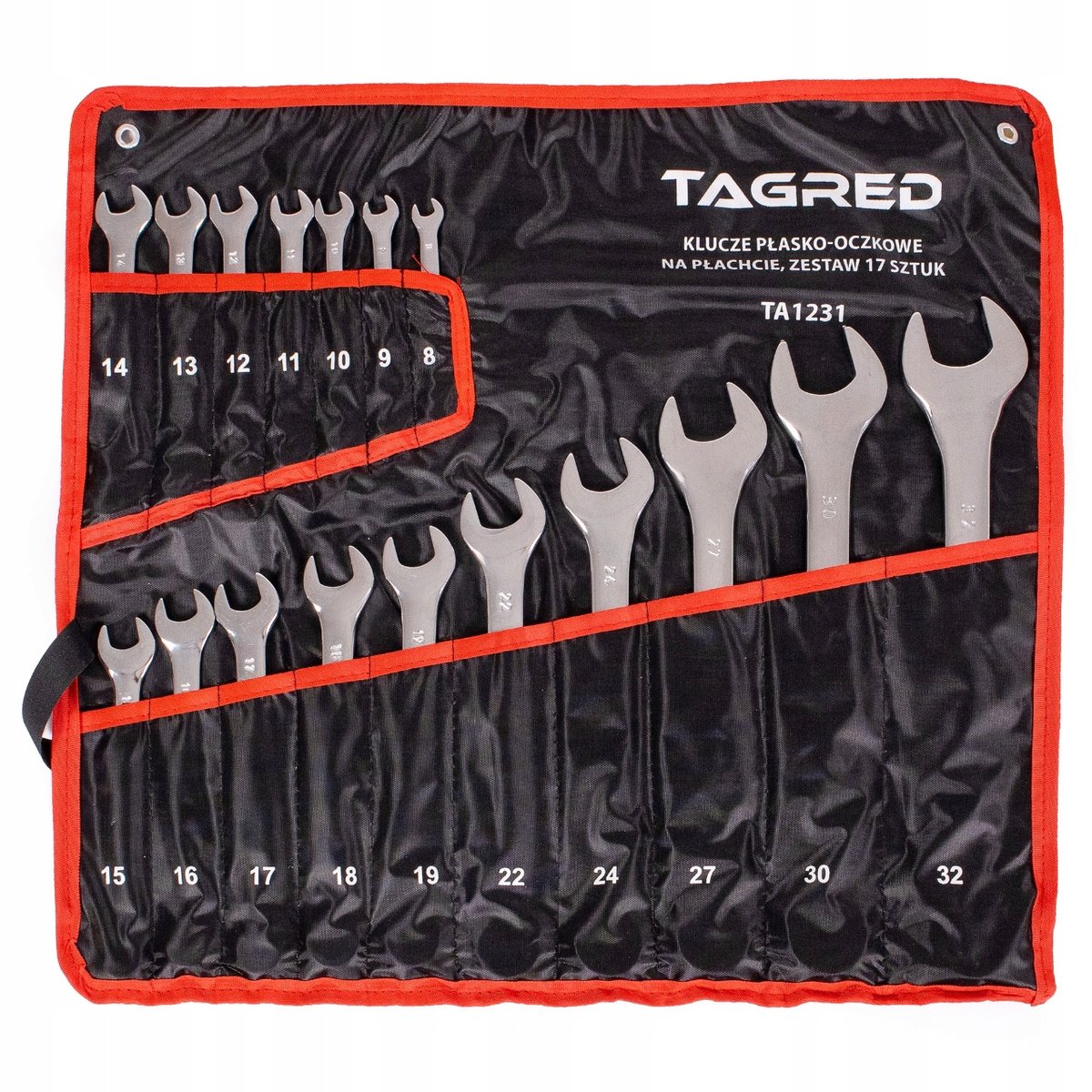Klucze płasko-oczkowe 8–32 mm zestaw 17 sztuk na płachcie, stal CrV chromowana, organizer z rzepem