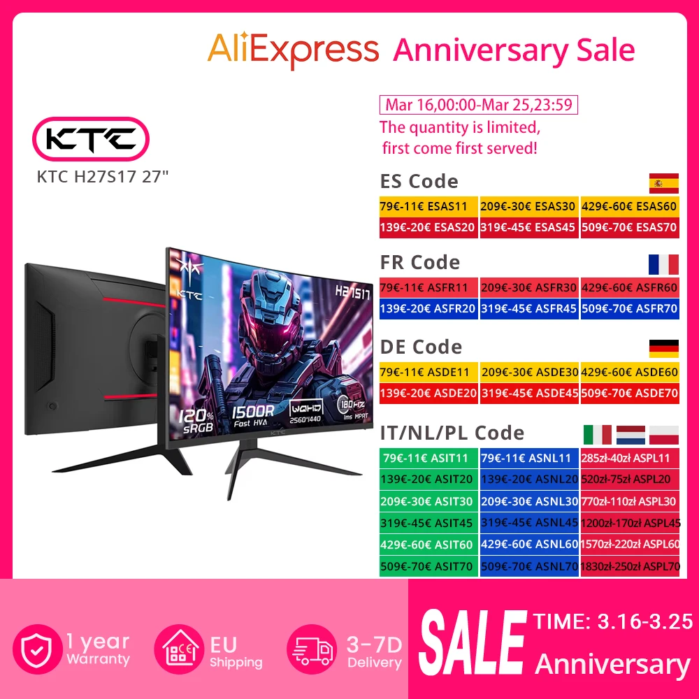 Monitor gamingowy KTC H27S17 27" 1500R zakrzywiony QHD 2560x1440 16:9 ELED 180Hz