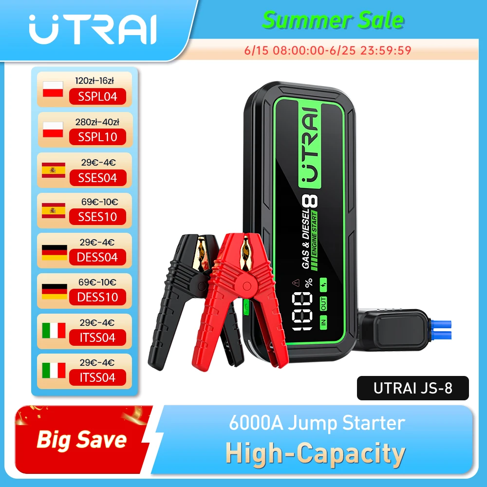 UTRAI 20000mAh urządzenie do uruchamiania awaryjnego samochodu Power Bank 6000A