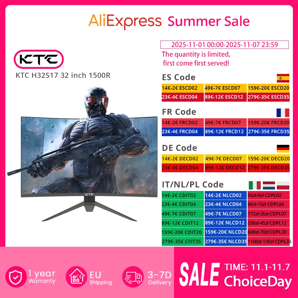 KTC H32S17 32-calowy zakrzywiony monitor gamingowy 2560x1440 QHD 170Hz