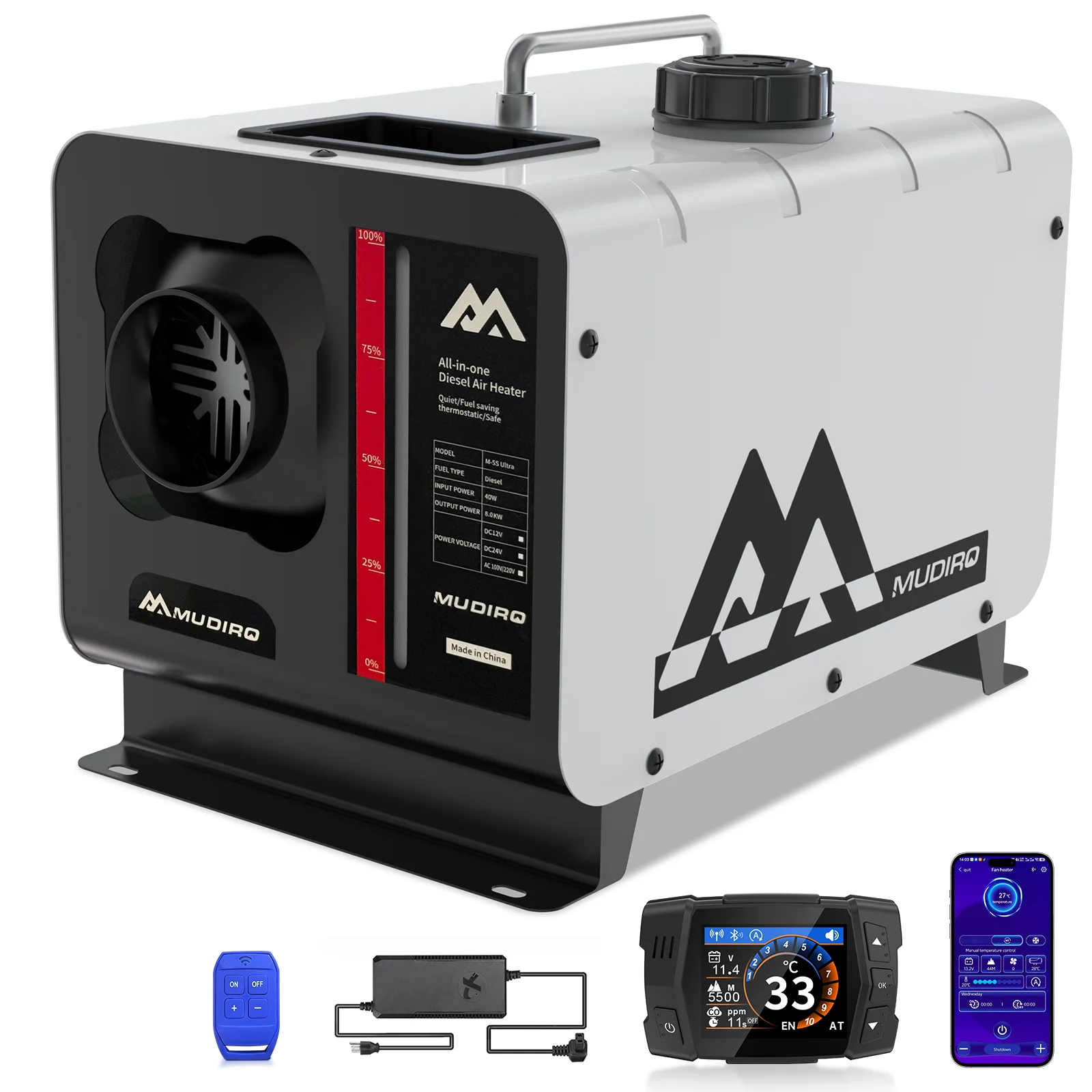 Grzejnik diesla Mudiro 8KW 12V/24V/240V z zabezpieczeniem przed CO (automatyczne wyłączanie i alarm), termostat, wyświetlacz TFT - do kempingu, kampera, namiotu