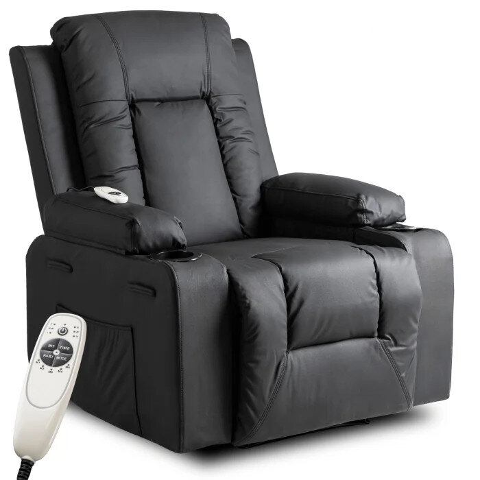 Fotel Masujący Rozkładany Wypoczynkowy Do Salonu z Podnóżkiem Czarny BOX