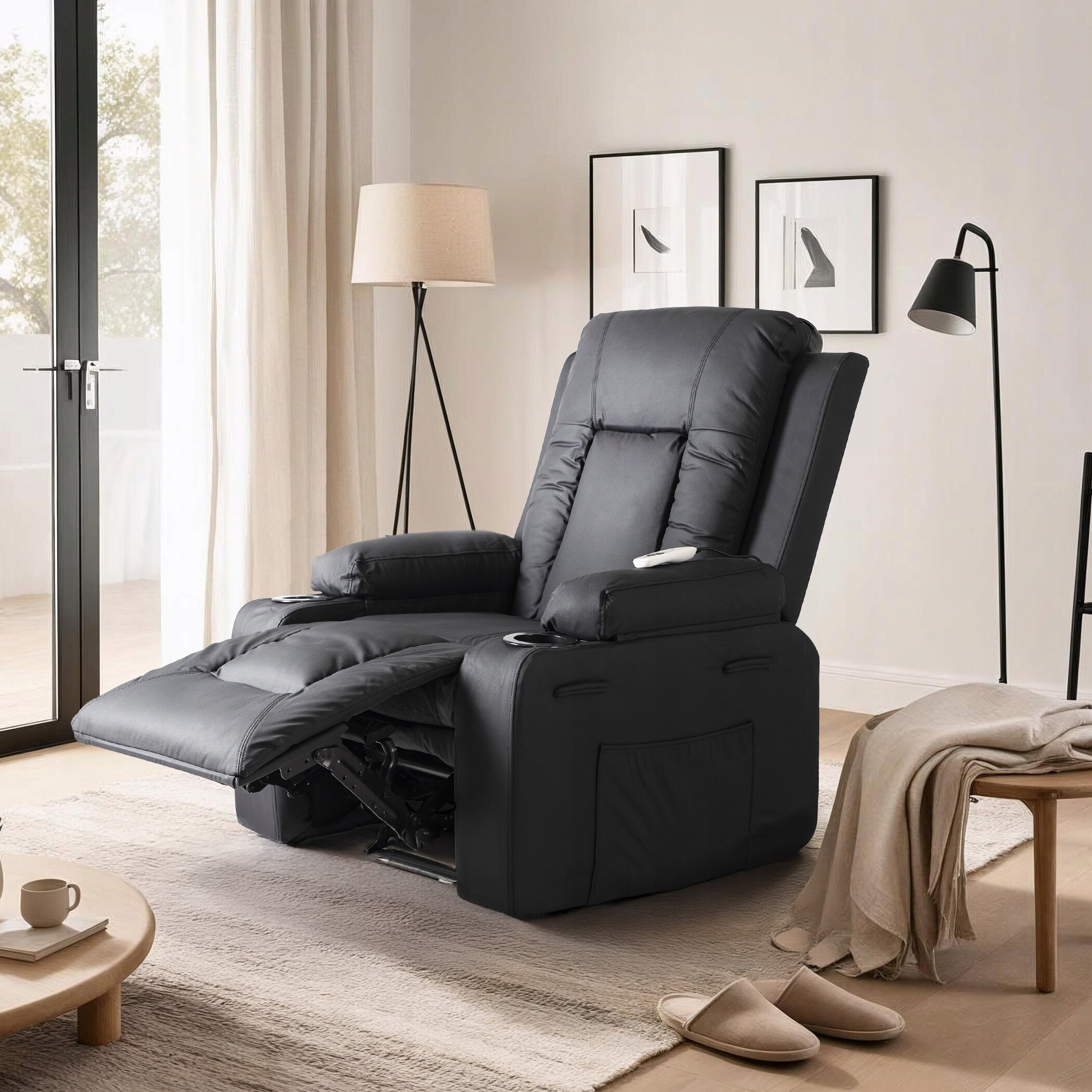 Fotel Masujący Rozkładany Wypoczynkowy Do Salonu z Podnóżkiem Czarny BOX