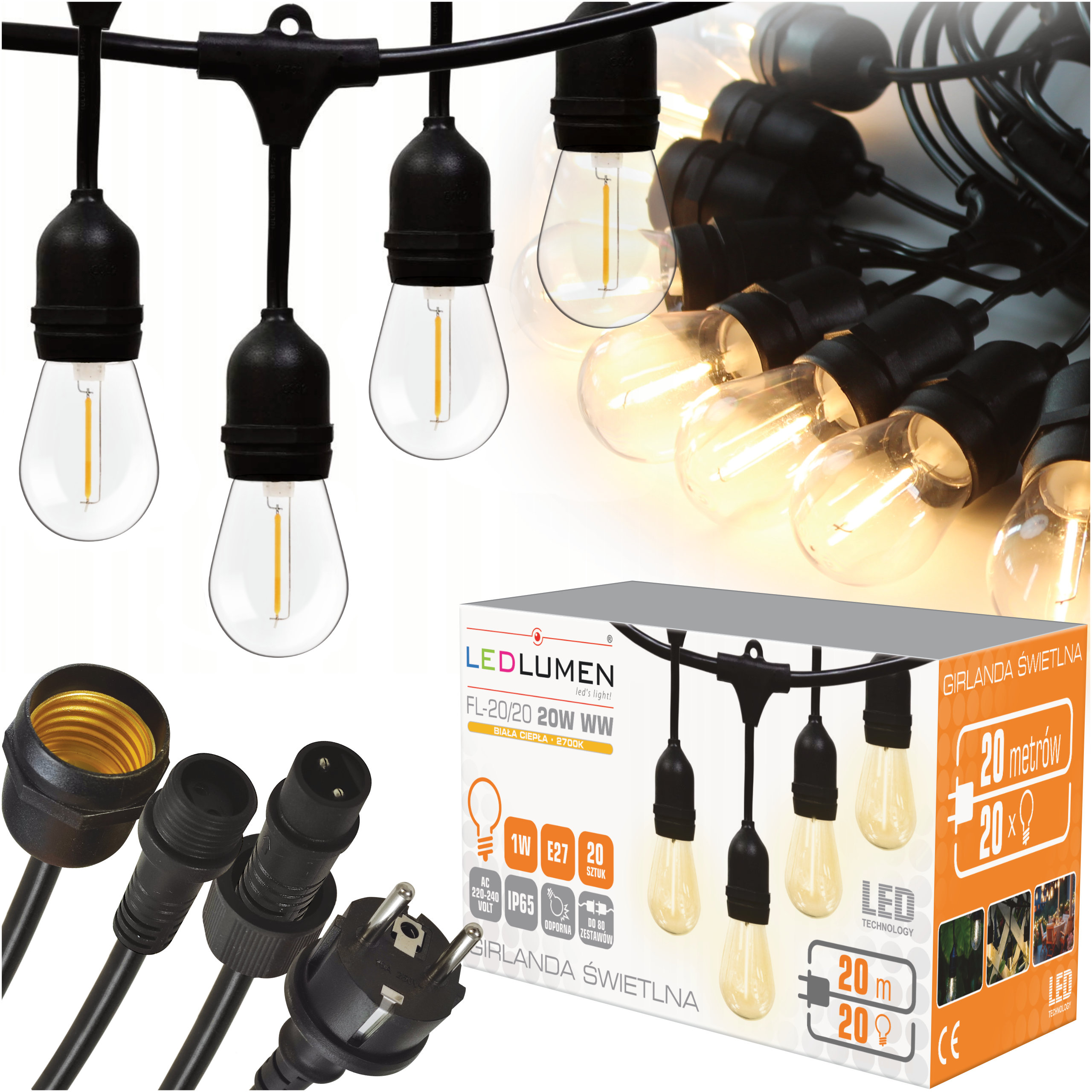Girlanda Świetlna Ogrodowa 20m 20x Żarówki LED Zewnętrzna Lampki Ogrodowe