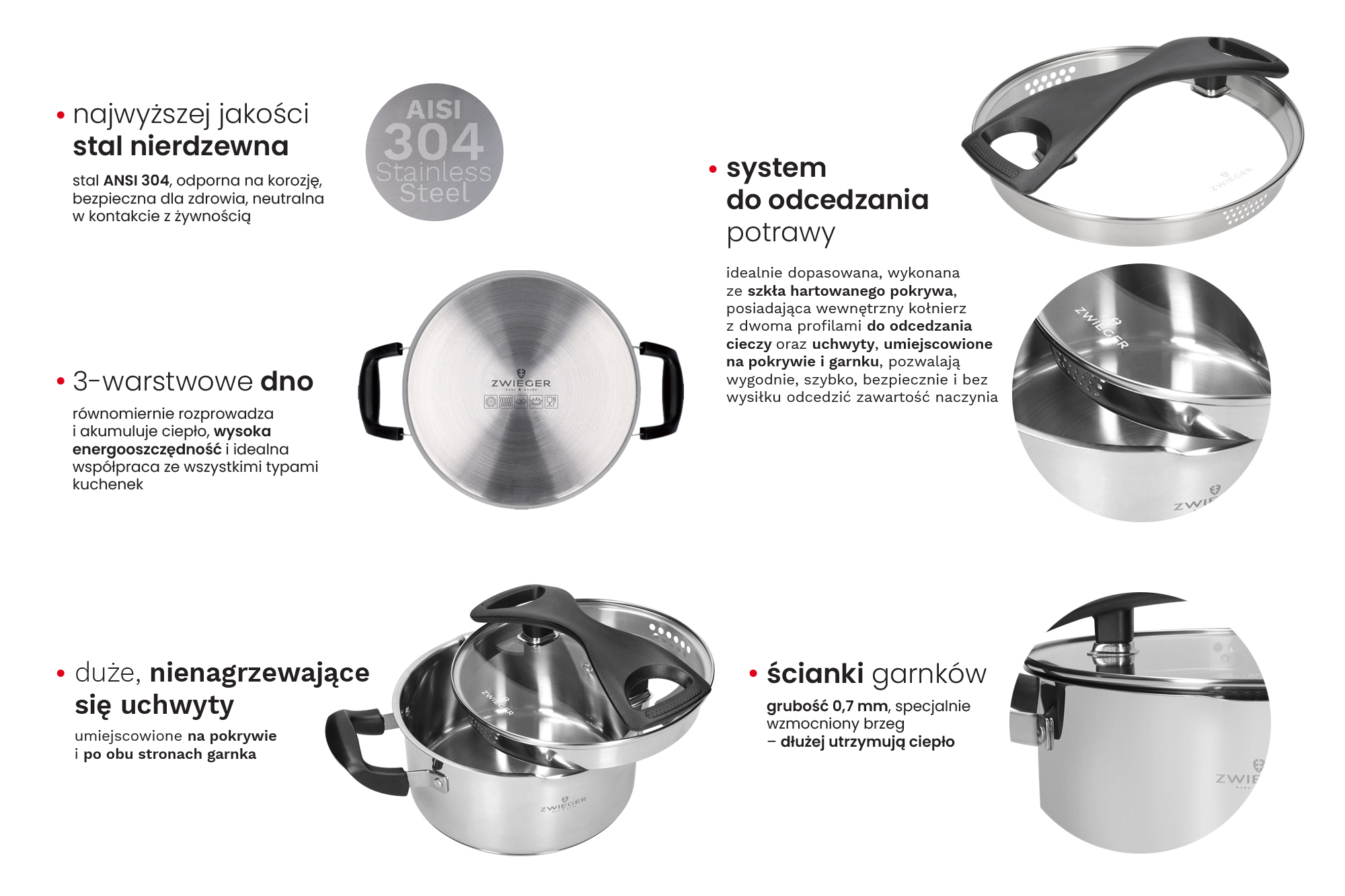 Garnek z cedzakiem ZWIEGER GABRO 20cm 3 litry | 24cm 5 litrów za 89zł | zestaw za 149zł
