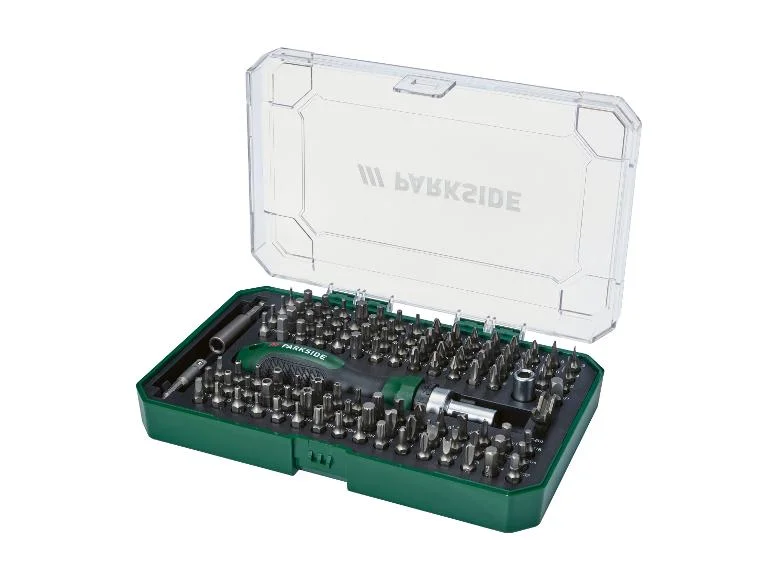 Parkside - Wkrętak z grzechotką i bitami, 115 elementów