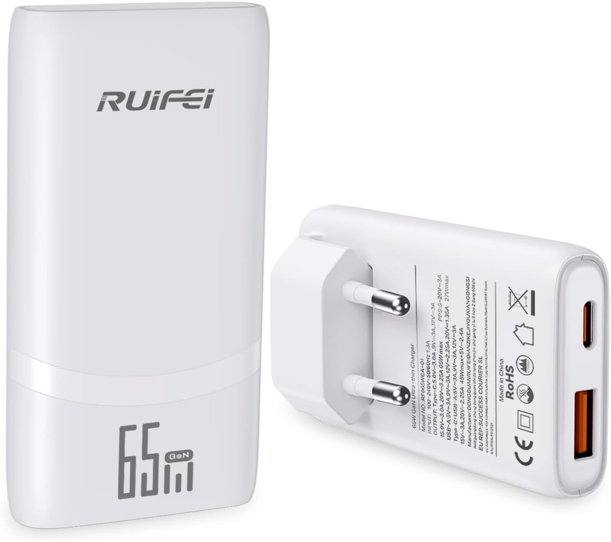 Ładowarka USB C 65 W, ultrapłaska wtyczka do ładowania, 2-portowy zasilacz GaN