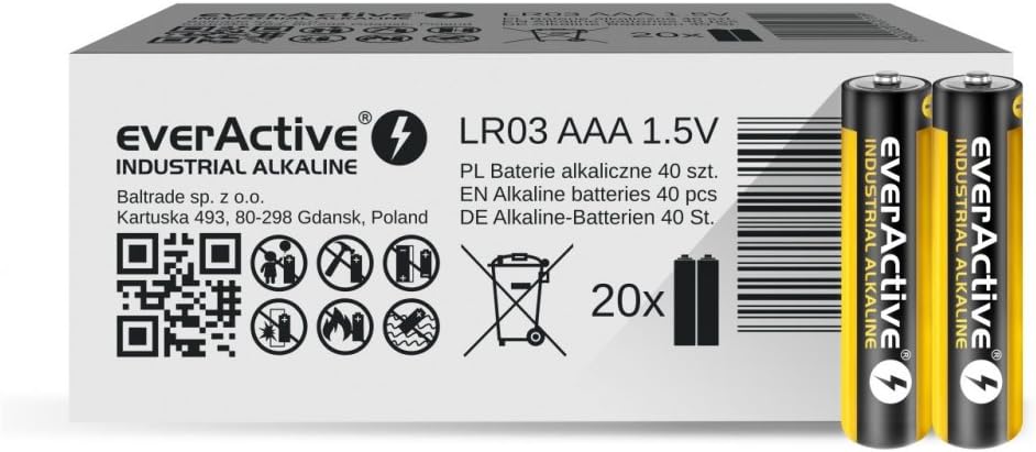 everActive Baterie AAA, 40 sztuk, przemysłowe baterie alkaliczne, Micro LR03 R03 1,5 V, 5 lat trwałości, 40 sztuk