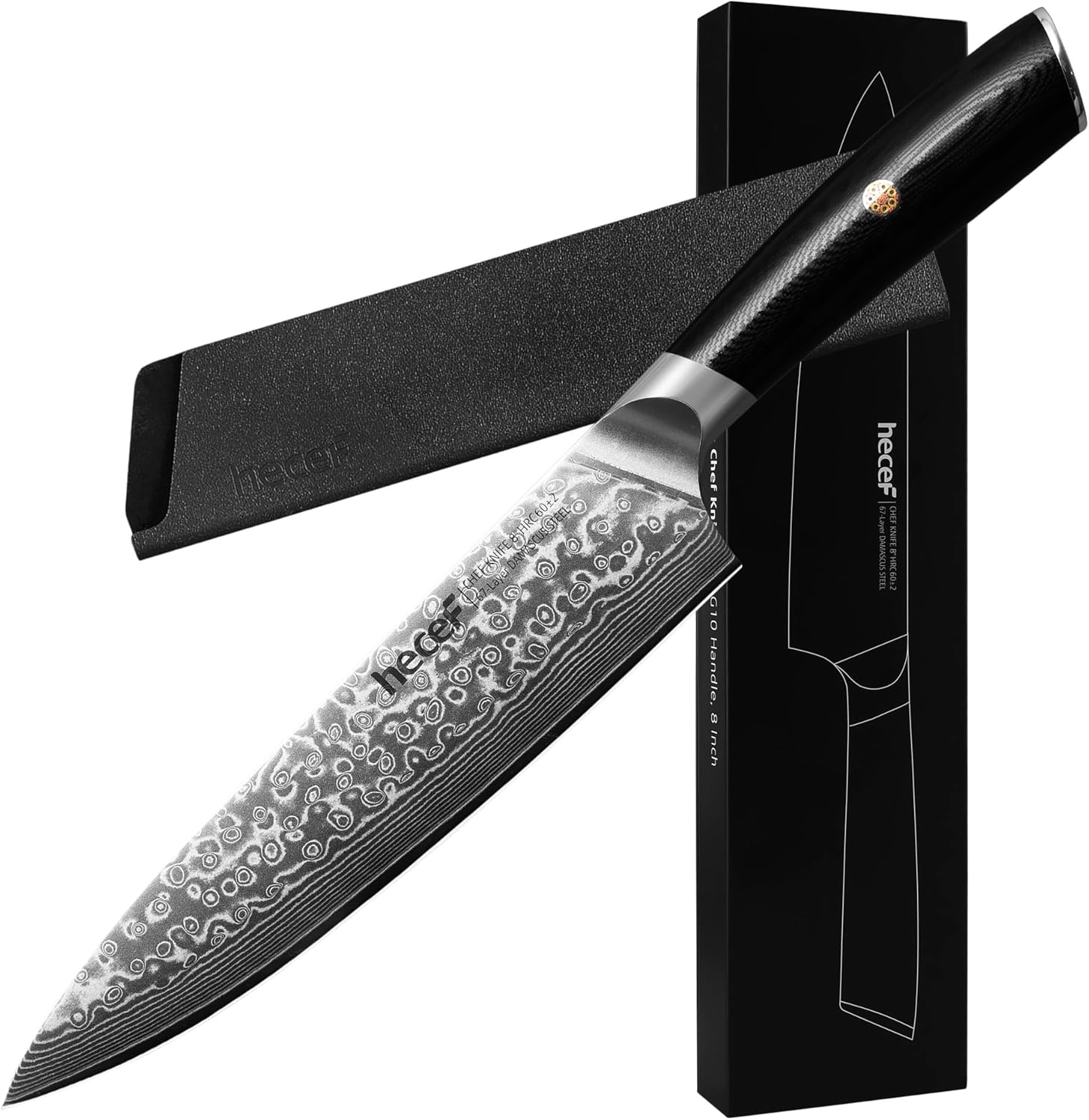 Hecef, Nóż damasceński, profesjonalny japoński nóż z ergonomicznym uchwytem G10, 67 warstw, 20 cm