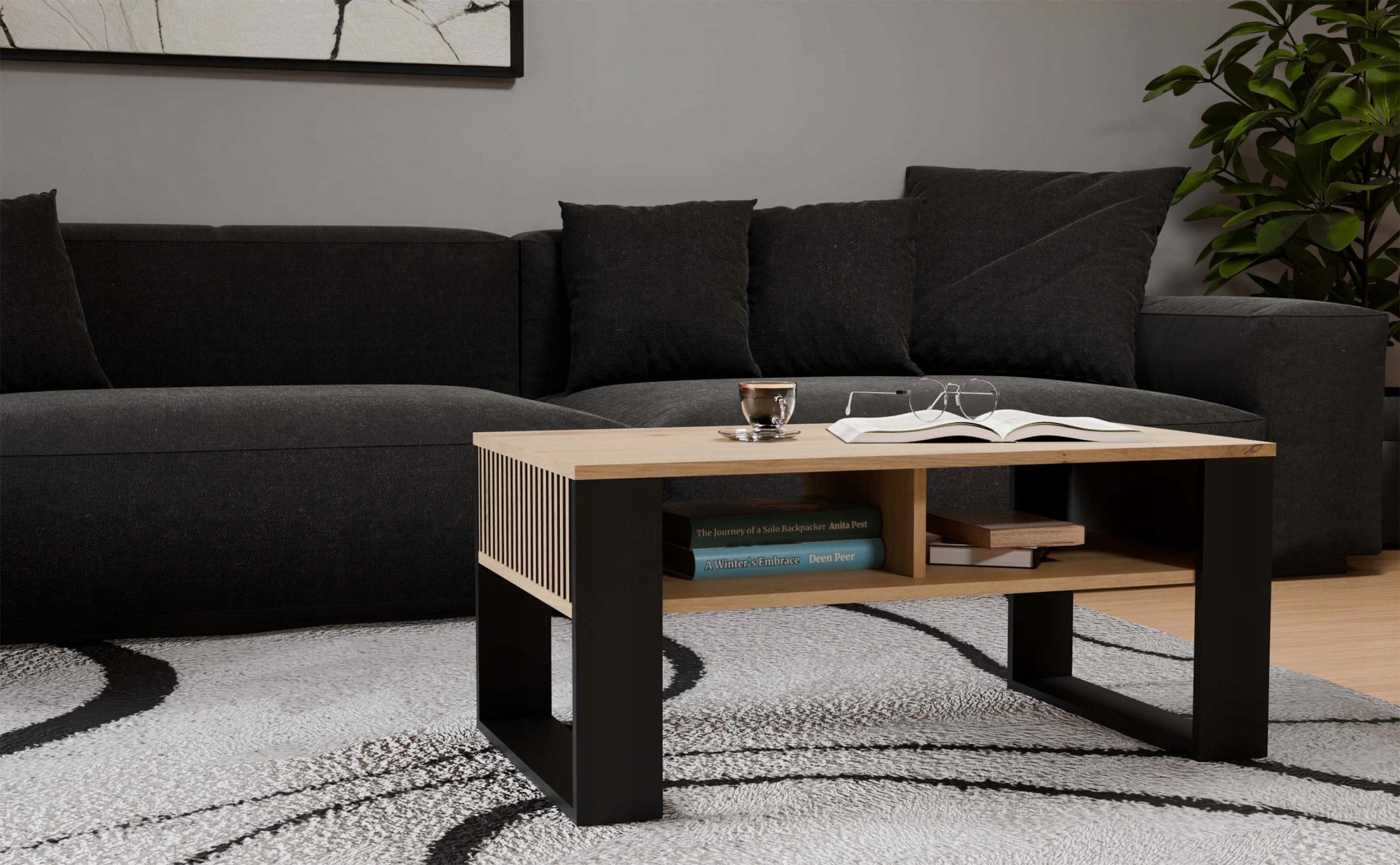 STOLIK KAWOWY PÓŁKI ŁAWA MODERN 2P SLIM DĄB ARTISAN CZERŃ FREZY LAMELE - od topeshop