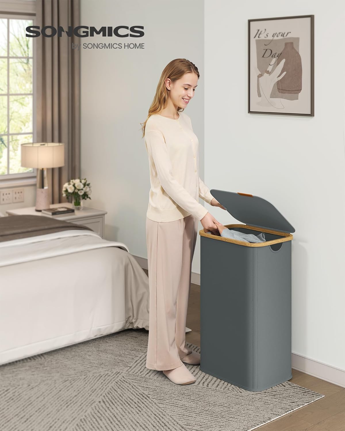 SONGMICS LCB518GN01 kosz na pranie z pokrywką, 100 l, 42 x 32 x 70,5 cm, szary łupkowy