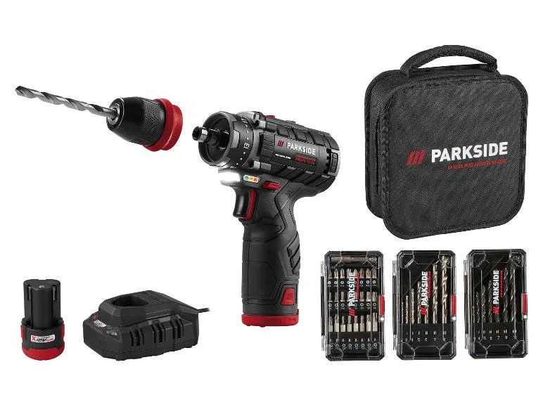 PARKSIDE PERFORMANCE® 12 V Wiertarko-wkrętarka akumulatorowa zestaw startowy „PBSPA 12 E4” z akumulatorami i ładowarką.