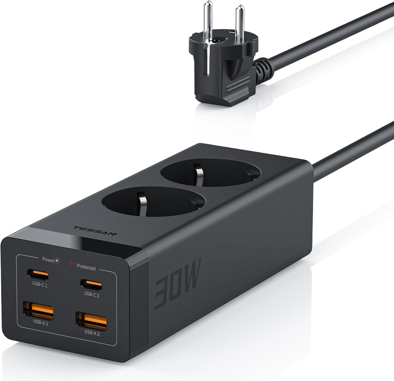 TESSAN 30W Listwa zasilające z USB C, GaN USB-C, 2 metry, 3600W