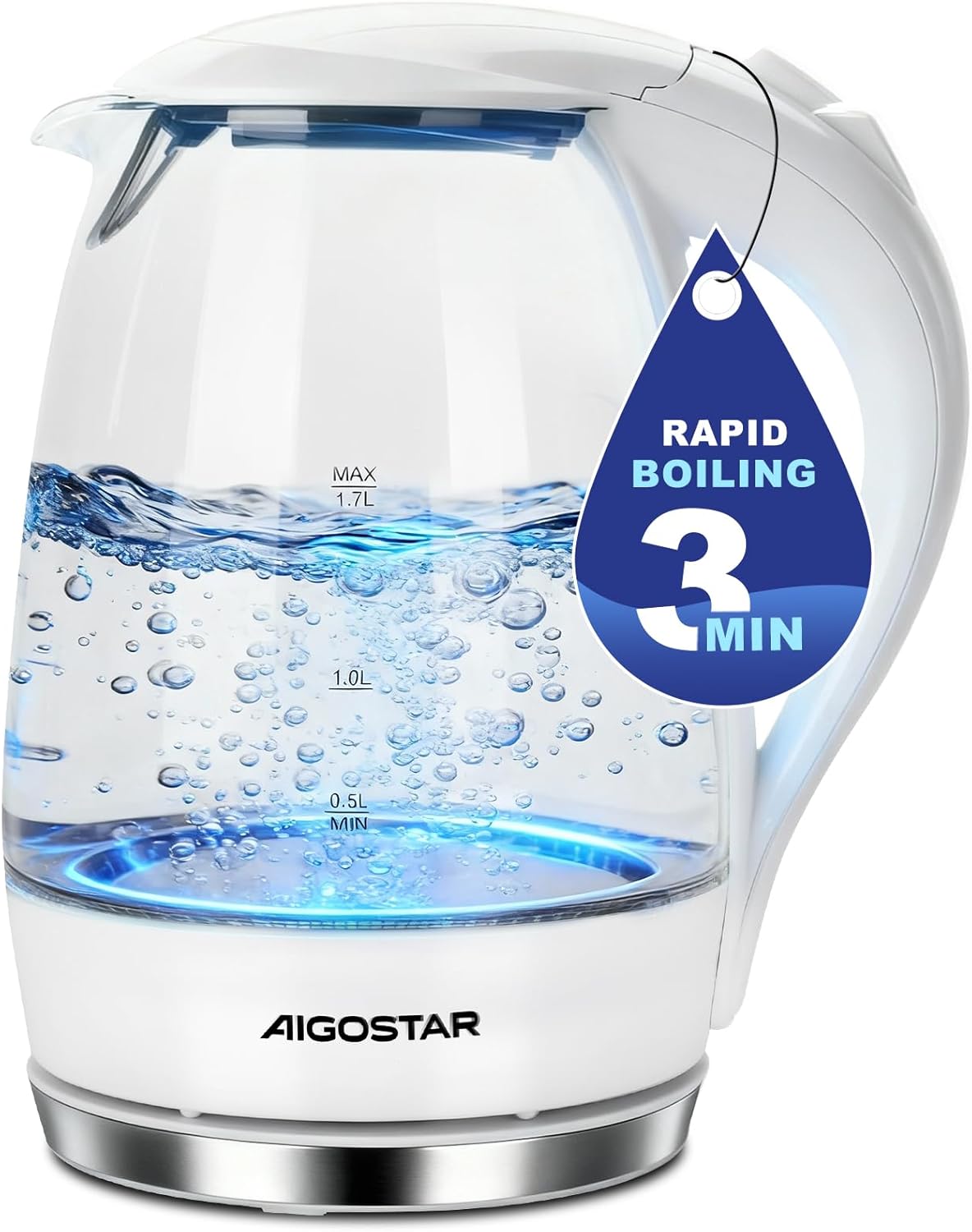 Aigostar Eve 30GON- Szklany czajnik z podświetleniem LED, 2200W, 1.7 L