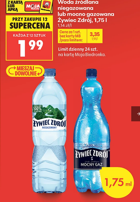 Woda źródlana niegazowana lub mocno gazowana Żywiec Zdrój, 1.75 L (przy zakupie 12 but.)