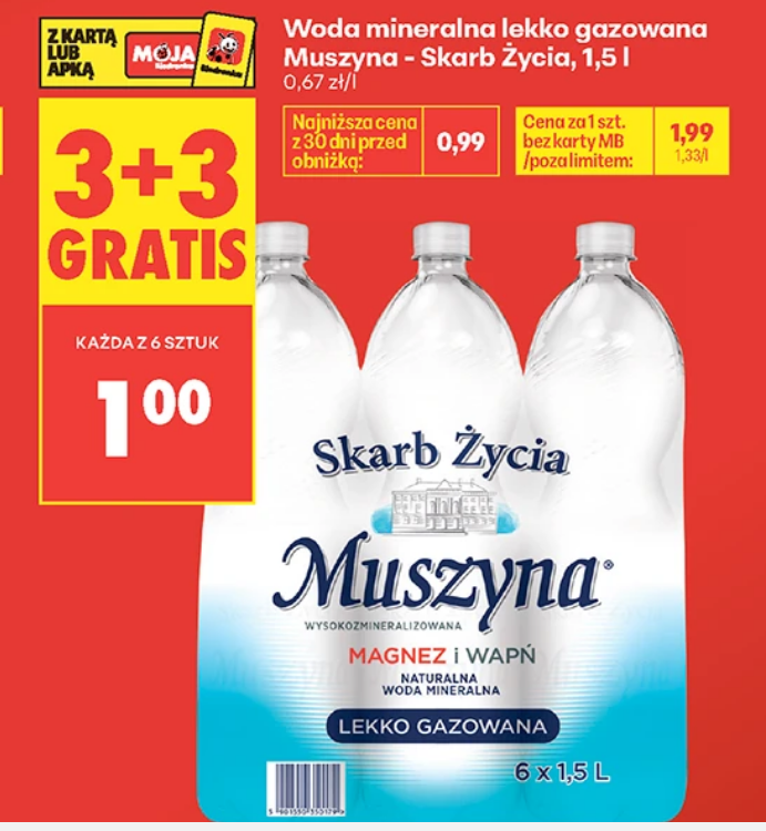 Woda mineralna lekko gazowana Muszyna - Skarb Życia, 1.5 L (3+3 GRATiS)