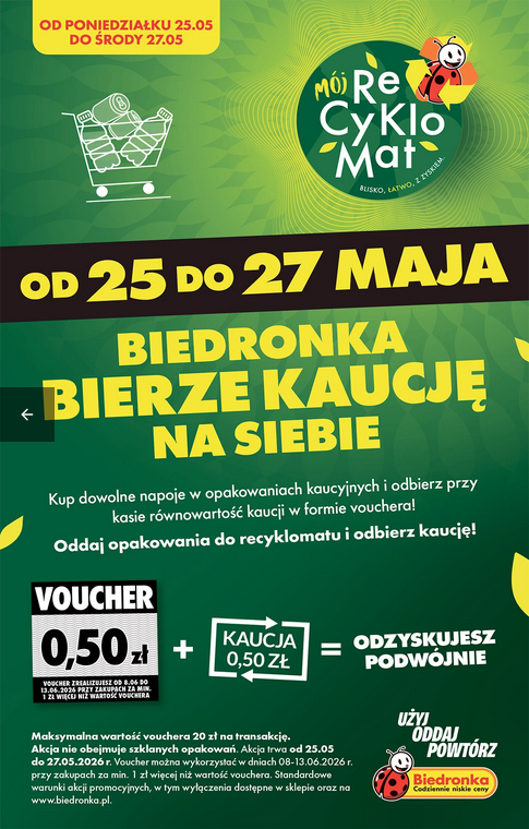 Od 25 do 27.05 Biedronka bierze kaucje za butelki i puszki na siebie