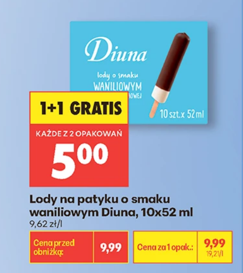 Lody na patyku o smaku waniliowym DIUNA, 10x 52ml (1+1 GRATIS)